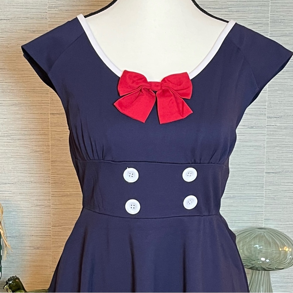 Voodoo Vixen Nautical Dress Bow Fit & Flare Sailor 50’s Navy Midi Womans Size 6 - Picture 6 of 11